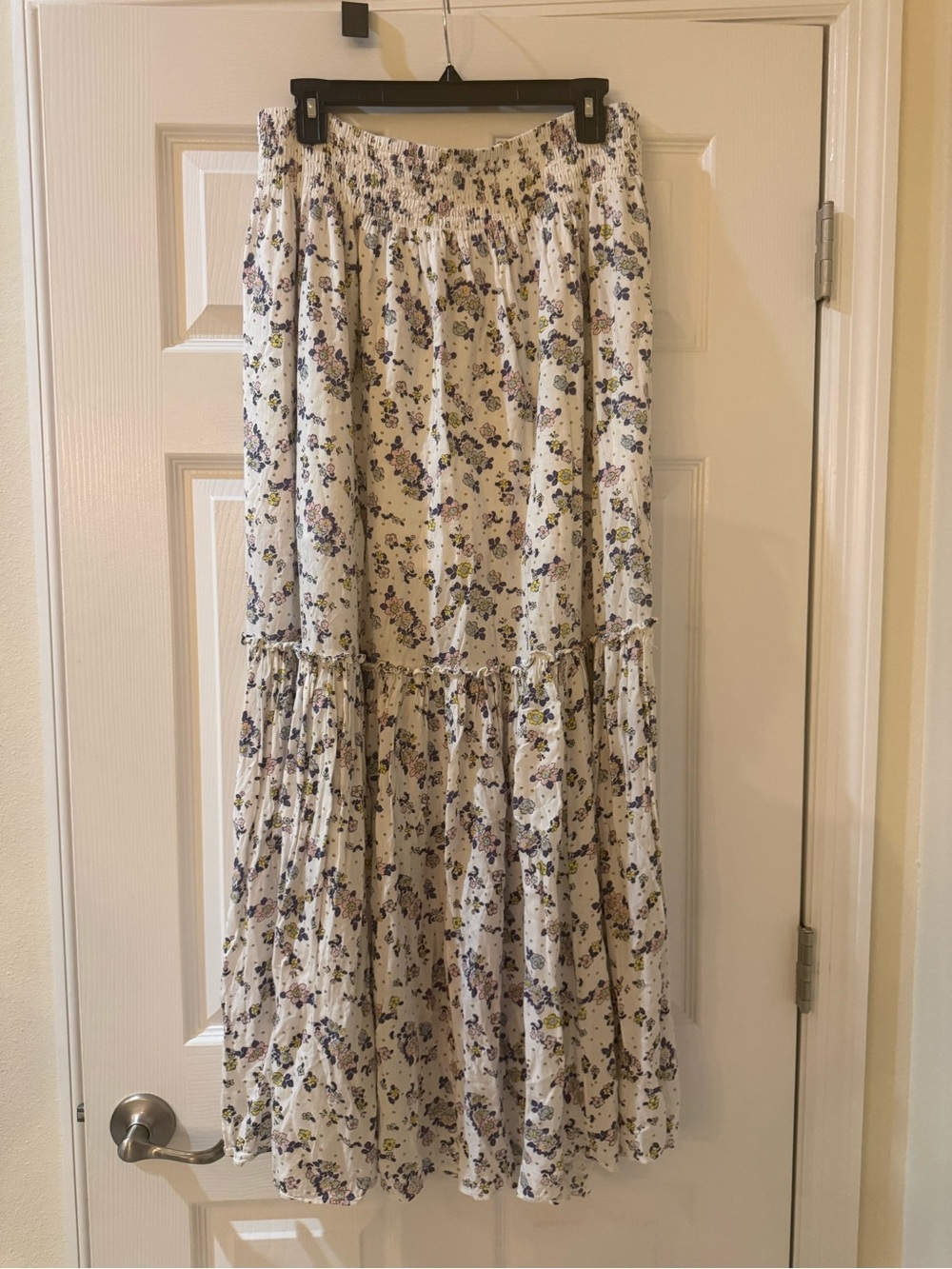 Free People Cream Maxi Skirt with Blue & Purple Floral Print and Ruffle